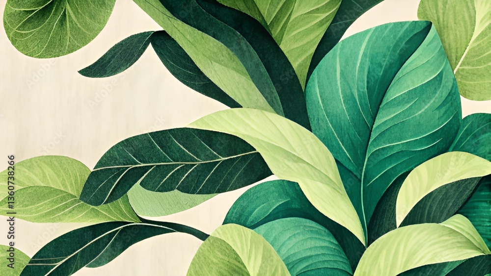 Fototapeta premium Green plant and leaf pattern, hand-drawn pencil illustration, minimal botanical design, vintage graphic art