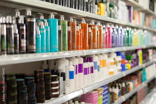 Obraz Colorful fashionable modern showcase in cosmetic boutique with variety of hair care products
