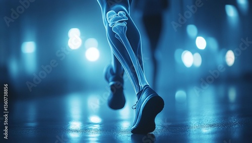 Runner's leg with visible bone structure, captured in motion with a cool blue tone. The image showcases the power and grace of movement.