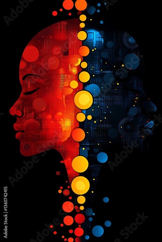 An artistic split head portrait with bright red and blue colors