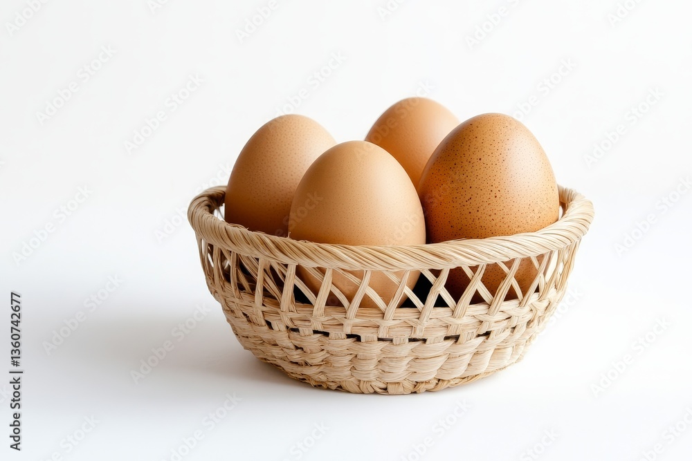 A white background isolates a basket containing a assortment of colorful Easter eggs A white background isolates a basket containing a assortment of colorful Easter eggs