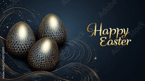 Dark blue and gold elegant luxury premium designs embody the spirit of happy Easter celebrations, which include abstract gold Easter eggs, editable modern wallpapers, and banners