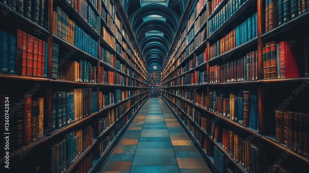 Expansive View of Grand Library Interior with Rows of Books Expansive View of Grand Library Interior with Rows of Books