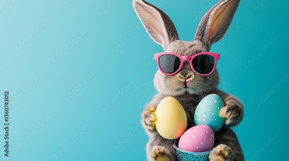 Fototapeta premium In front of a blue background, a cool bunny rabbit wearing sunglasses is clutching three colorful Easter eggs