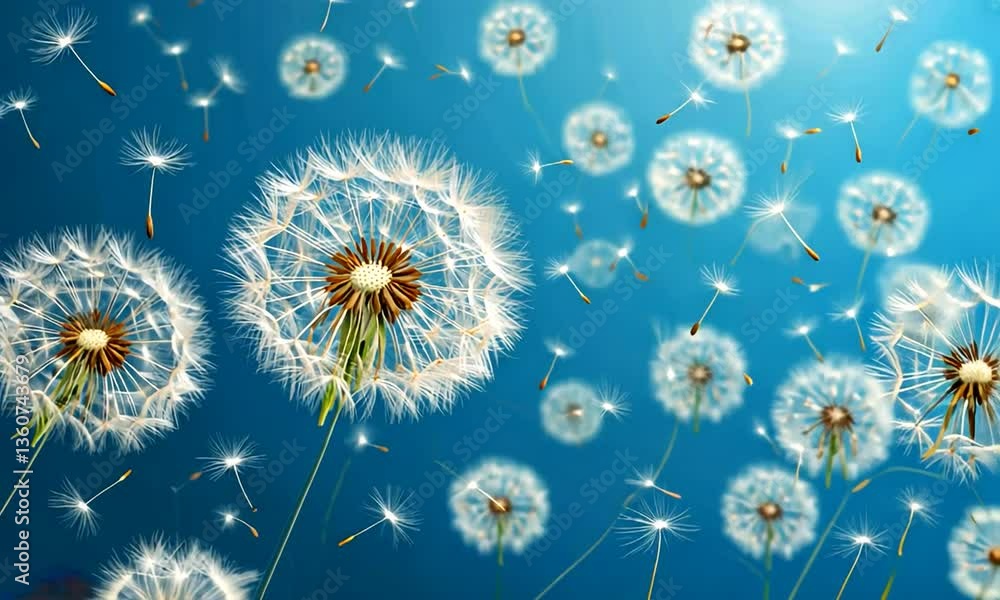 Dandelion seeds are flying against the background of the sunset sky. Floral botany of nature