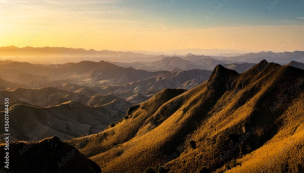 Obraz premium Mountain ranges and hills of forests and lakes during golden hour and a bright sky