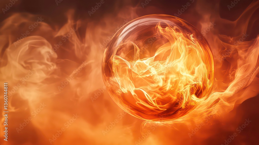 Fototapeta premium Fiery sphere glows with intense heat in smoky atmosphere. Abstract illustration of fireball with intense orange, red colors. Dramatic scene shows luxury smoke, flames. Powerful, hot energy burst.