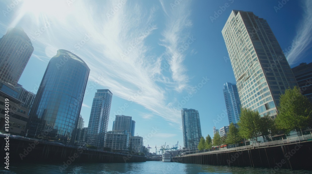 Obraz premium City skyline reflected in water, urban buildings under sunny sky. Possible use Stock photo