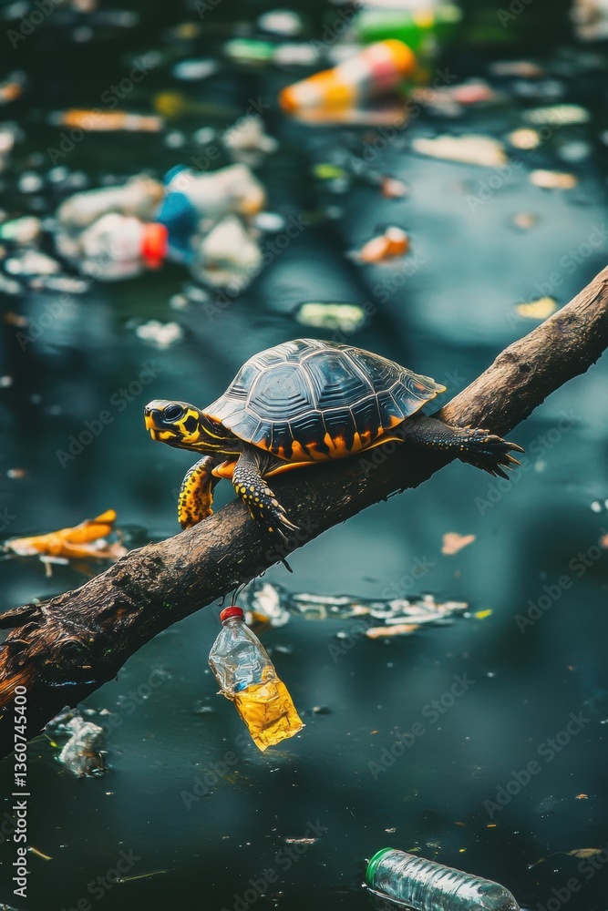 Tortoise live in polluted dirty water with garbage. Human activities impact and threaten animal’s natural habitat.
