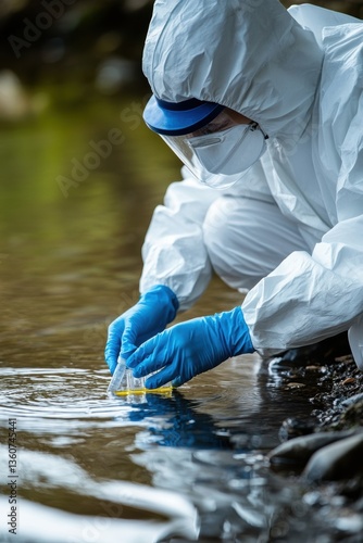 Obraz na płótnie Scientist testing water quality with test tube in industrial area. Water pollution. Environment conservation topic. w salonie