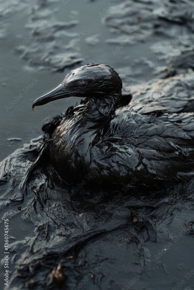 Dying sea bird trapped in spilled petroleum oil in sea water. Human activities impact and threaten animal’s natural habitat.