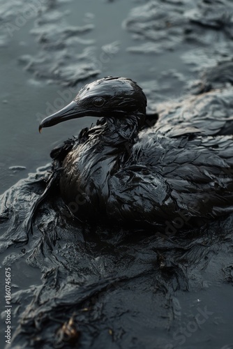 Obraz na płótnie Dying sea bird trapped in spilled petroleum oil in sea water. Human activities impact and threaten animal’s natural habitat. w salonie