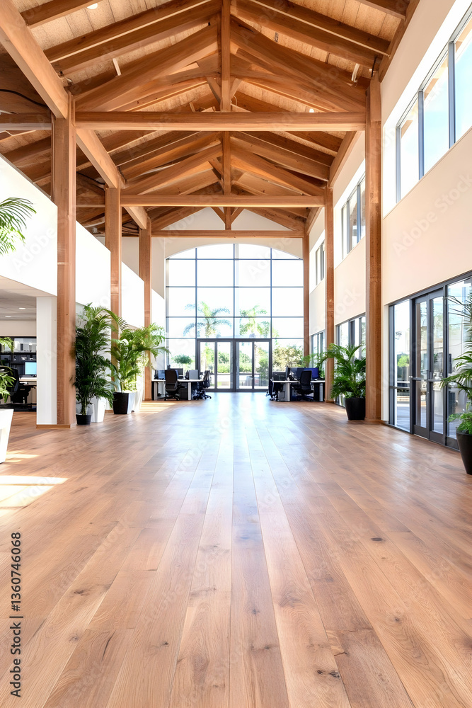 Sunlit Modern Office Lobby with Wood Beams and Flooring Sunlit Modern Office Lobby with Wood Beams and Flooring