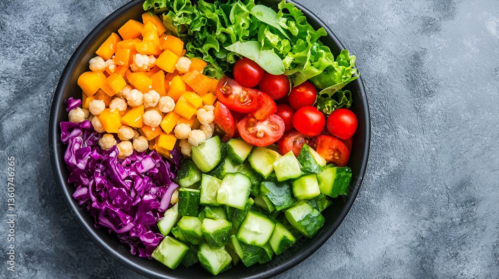 Colorful and nourishing vegetable bowl with fresh ingredients on textured surface Colorful and nourishing vegetable bowl with fresh ingredients on textured surface
