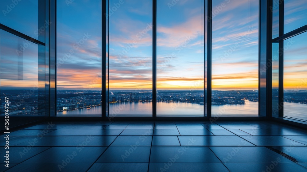Fototapeta premium City Sunrise View from High-Rise Window. Possible Use Stock photo for business, architecture, travel