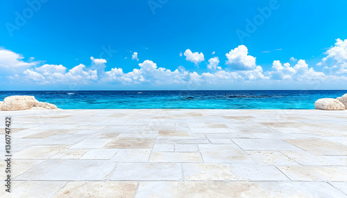 Sunny Coastal Stone Patio, Azure Sea, Cloud Sky