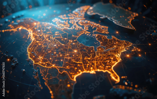 Glowing North America Map Highlighting Connectivity and Technology Networks