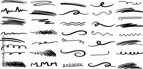 Vector swish swoosh squiggle lines set. Isolated fake signatures. 