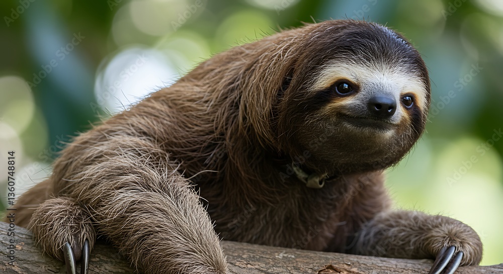 A brown sloth resting on a tree branch in nature A brown sloth resting on a tree branch in nature