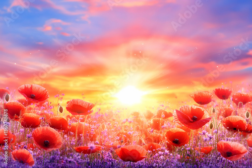 Sunset over vibrant poppy field