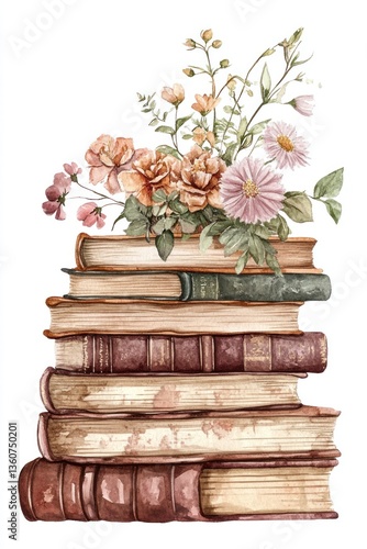 A watercolor painting featuring a stack of vintage books and flowers