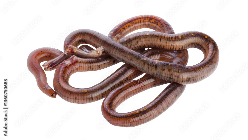 Obraz premium a group of elongated brown shiny creatures resembling snakes or eels coiled together on a white background they appear to be aquatic or semi-aquatic animals