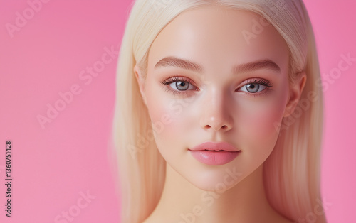 Beautiful Woman with Blonde Hair and Pink Makeup on Pink Background Portrait