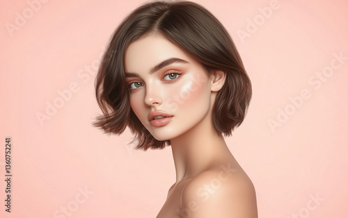 Beautiful Woman with Flawless Skin and Short Brown Hair on Pink Background