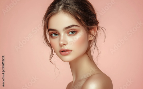 Beautiful Woman with Flawless Skin, Elegant Hairstyle, and Natural Makeup on Pink