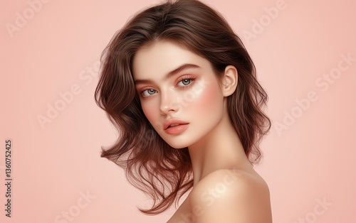 Beautiful Woman with Flawless Skin, Natural Makeup, and Wavy Brown Hair