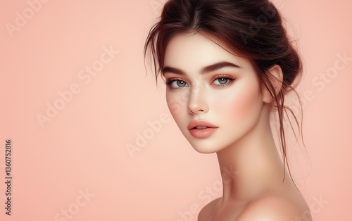 Beautiful Woman Portrait with Elegant Hairstyle and Makeup on Pink Background