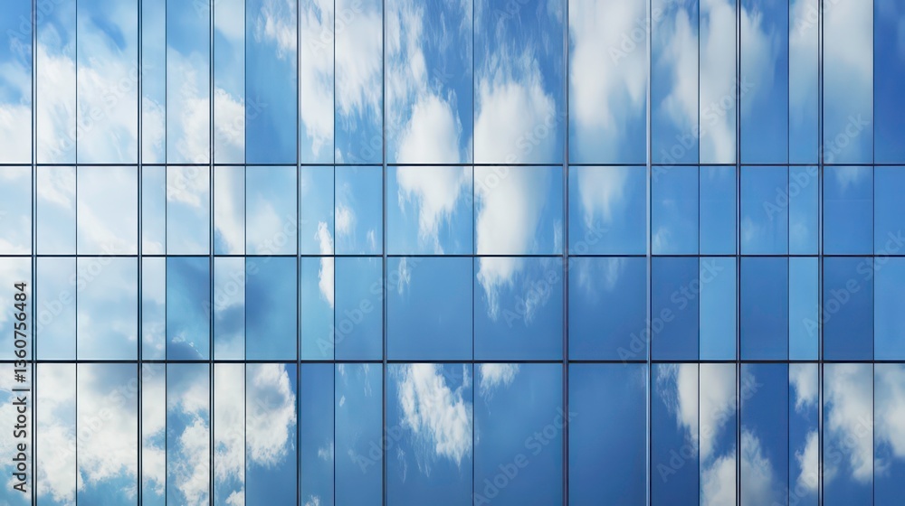 Modern glass office building facade reflects sky, clouds. Structure composed of many rectangular windows. Sky clear blue with white clouds. Design contemporary, sleek. Building looks tall, urban