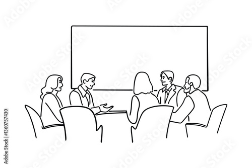 Business meeting, team discussion, whiteboard presentation, strategy session, conference room