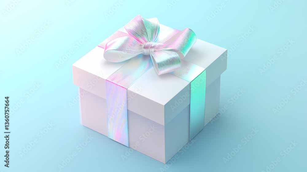 White gift box with ribbon holographic iridescent 3d render icon isolated on transparent background cutout. Opalescent Wrap. Illustration White gift box with ribbon holographic iridescent 3d render icon isolated on transparent background cutout. Opalescent Wrap. Illustration