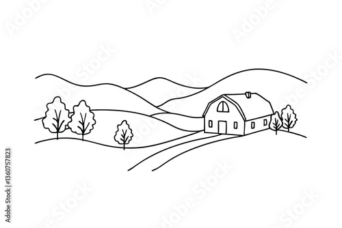 Rustic Barn in Rolling Hills Farm Countryside Landscape Drawing