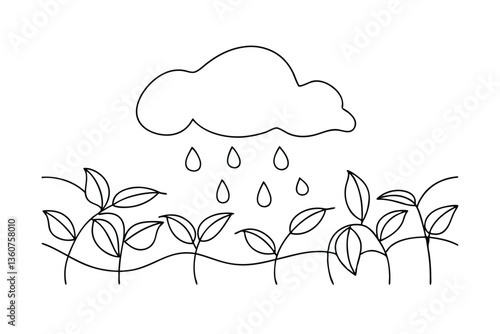 Rain Cloud Watering Young Plants Simple Line Drawing Illustration