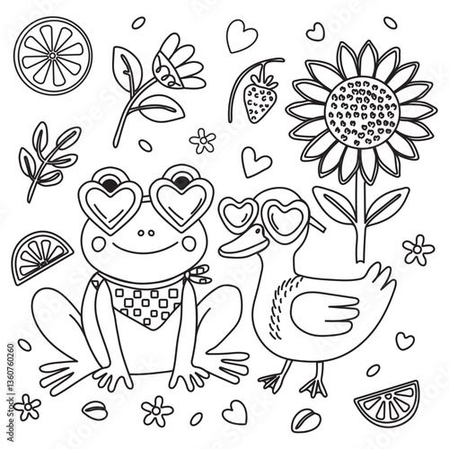 Coloring book for children: frog, flowers, sunflower, hearts, birds