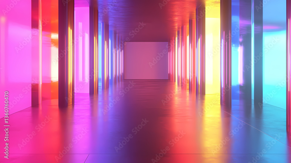 A modern, reflective chamber with sleek metallic surfaces and vibrant iridescent panels, creating an array of colorful reflections on the smooth floor. Iridescent Chamber. Illustration A modern, reflective chamber with sleek metallic surfaces and vibrant iridescent panels, creating an array of colorful reflections on the smooth floor. Iridescent Chamber. Illustration