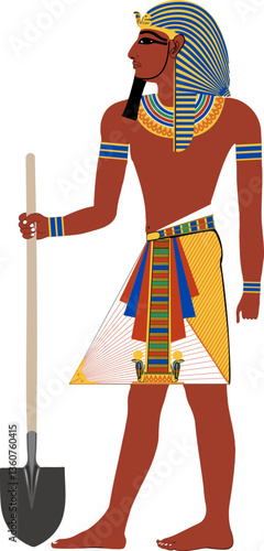Old Egyptian pharaoh with a shovel. Vector image