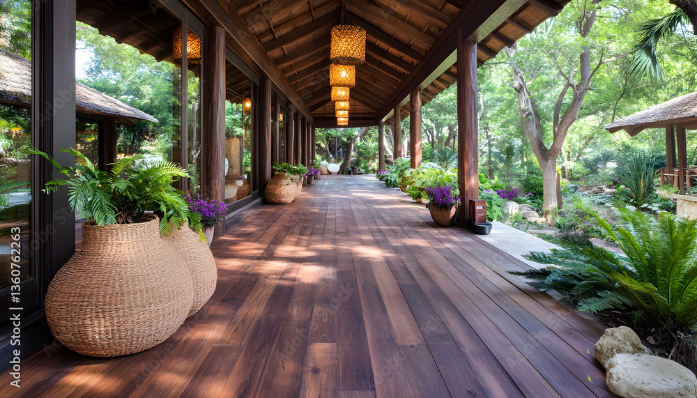 Fototapeta premium Tranquil wooden walkway, lush garden, sunlight
