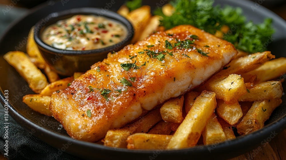 Crispy Fish & Chips with Sauce on Plate Crispy Fish & Chips with Sauce on Plate