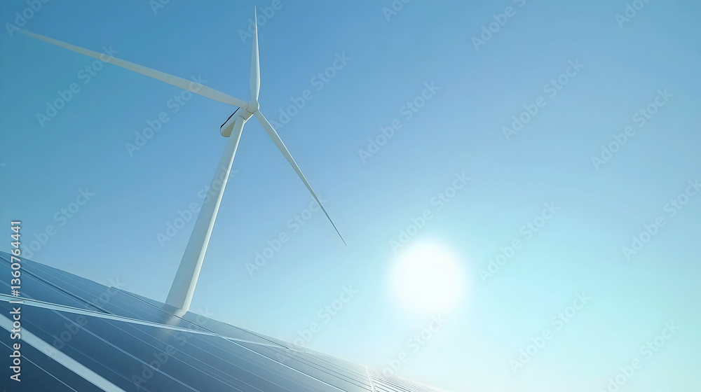 Fototapeta premium A wind turbine stands against a clear blue sky, capturing sunlight and wind energy, symbolizing renewable energy and sustainability.