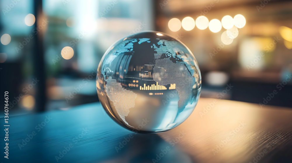 A crystal globe displays a digital map of the world, reflecting soft lighting and creating a modern, elegant ambiance.
