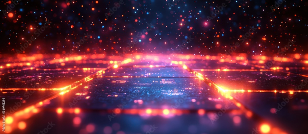 Glowing grid with red and blue particles. Glowing grid with red and blue particles.