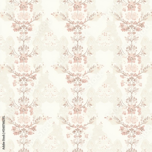 Seamless vintage baby pattern with lace textures and floral details in soft pink and beige hues Generative AI