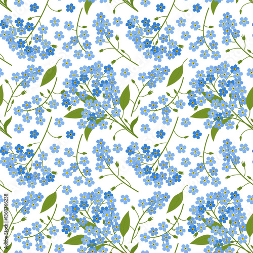 Myosotis Flowers seamless pattern. Vector illustration in hand-drawn style