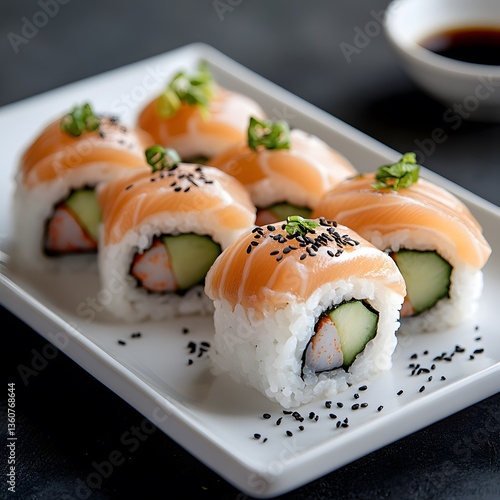 Delicious salmon sushi rolls, soy sauce, restaurant, dark background, food photography