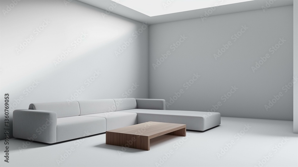 Photorealistic image of a minimalistic white living room with a single, sleek grey couch and a low wooden coffee table
Photorealistic image of a minimalistic white living room with a single, sleek grey couch and a low wooden coffee table