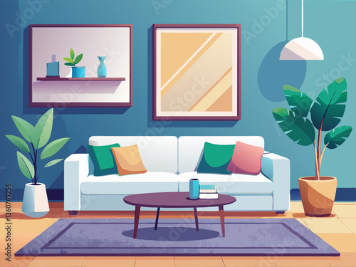 vector of A minimalist living room with a large blank canvas. white sectional sofa. and marble coffee table