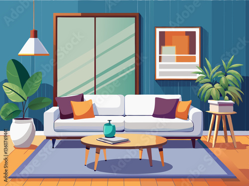 vector of A minimalist living room with a large blank canvas. white sectional sofa. and marble coffee table